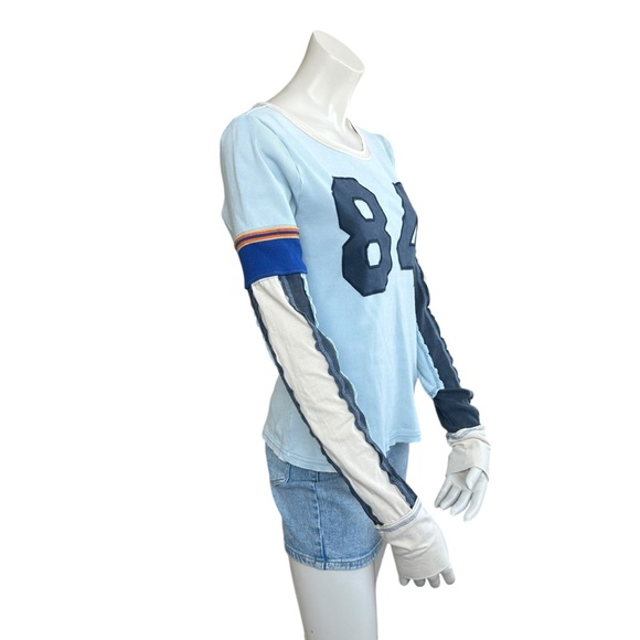 Free People We The Free “Snow Peak” Blue White Faux Layered Retro LS Tee Medium - Picture 3 of 8